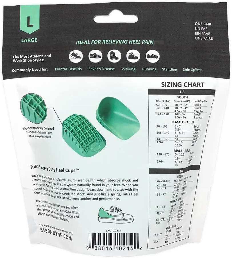 Tuli's Heavy Duty Heel Cups, Cushion Insert for Shock Absorption, Plantar Fasciitis, Severs Disease and Heel Pain, Made in the USA, Large, 1 Pair