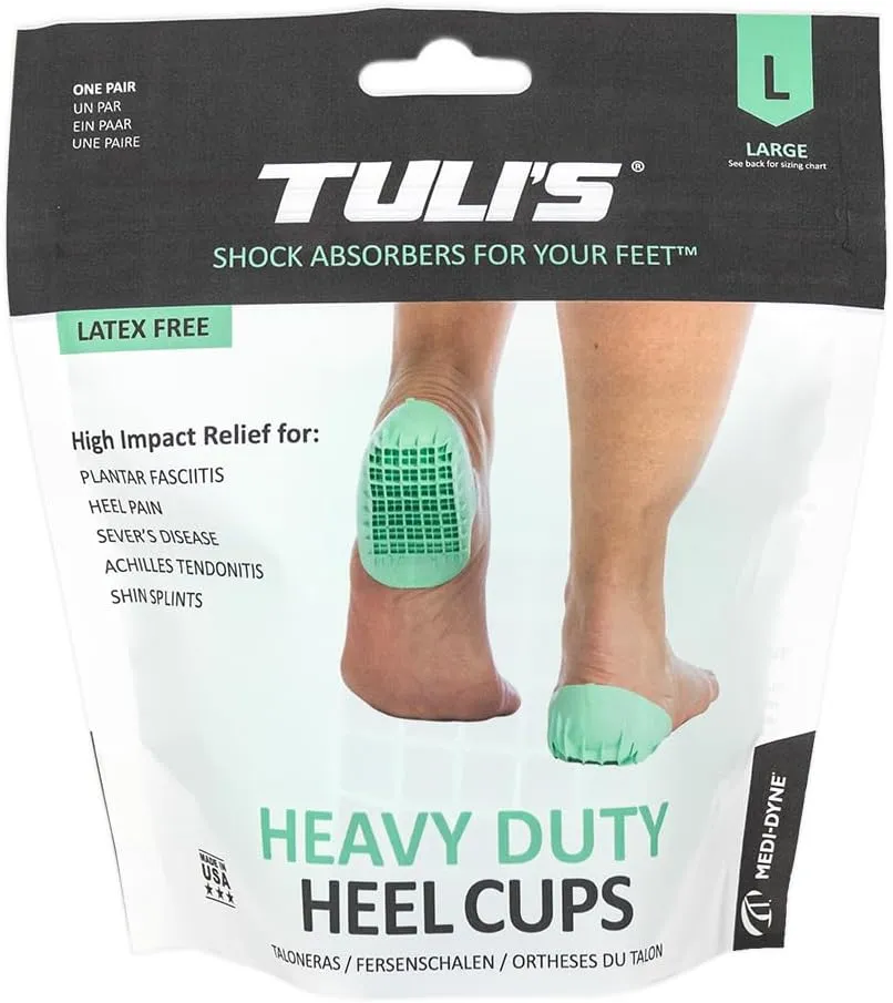 Tuli's Heavy Duty Heel Cups, Cushion Insert for Shock Absorption, Plantar Fasciitis, Severs Disease and Heel Pain, Made in the USA, Large, 1 Pair