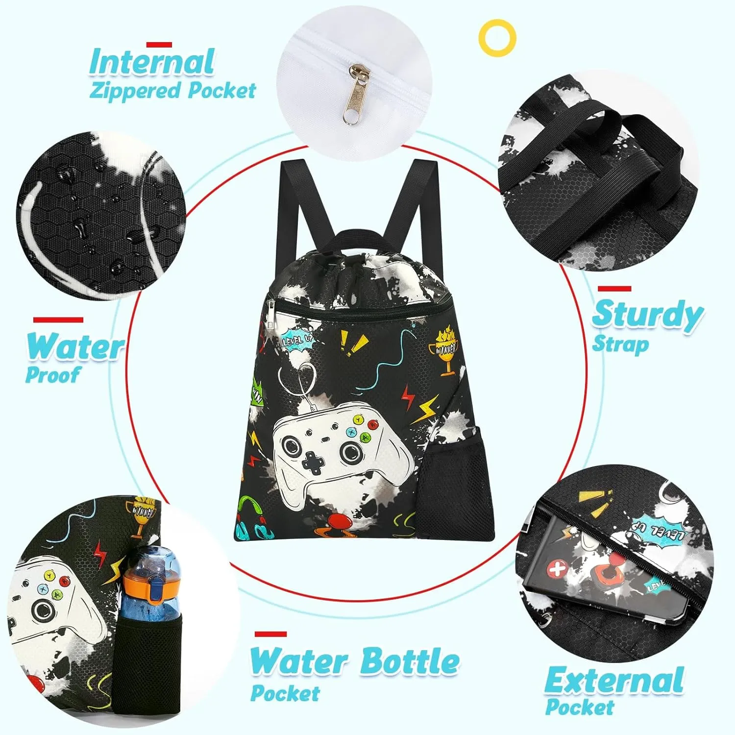 WAWSAM Gym Drawstring Backpack String Bag - 15?? x 17?? Sports Gym Bag for Kids Waterproof Swimming Beach Shopping Yoga Bag